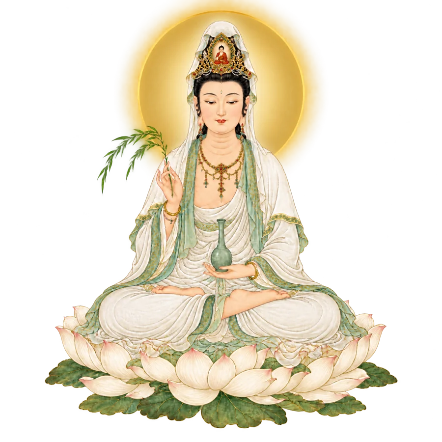 白衣观世音菩萨，持净瓶与杨柳，安坐莲台
